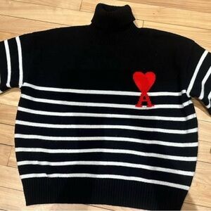 AMI Black & White Stripe Sweater with Red Heart